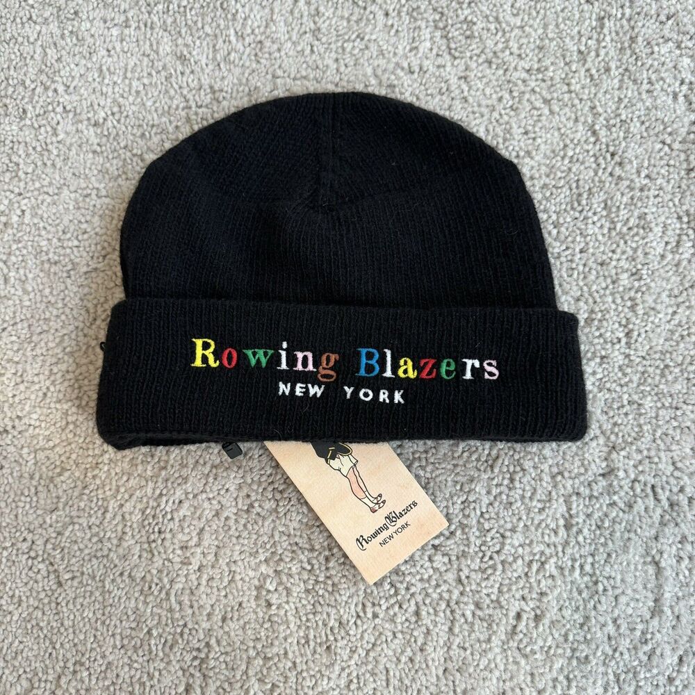 Rowing Blazers Black Stretch Knit Multicolor Logo Unisex Wool Beanie Hat OS NEW